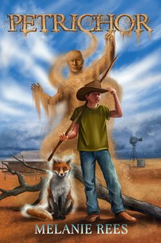 Petrichor Book Cover - A young boy with a glowing fox, and a demon made of dust